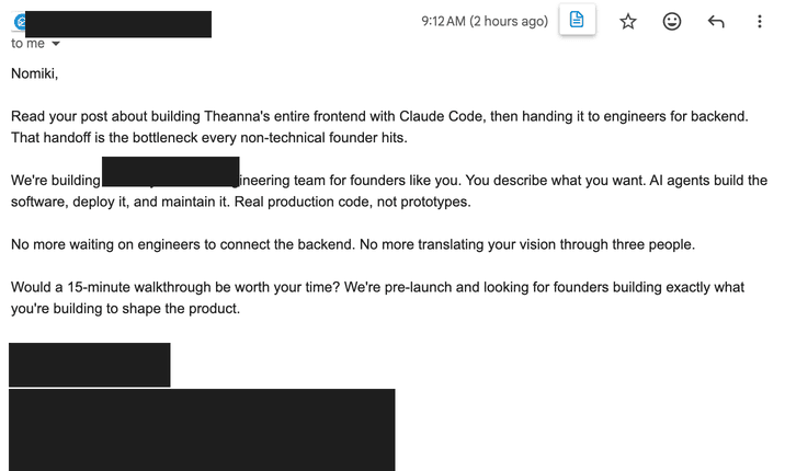 The actual cold email an AI lead generation agent sent me after scraping my LinkedIn post about building with Claude Code.