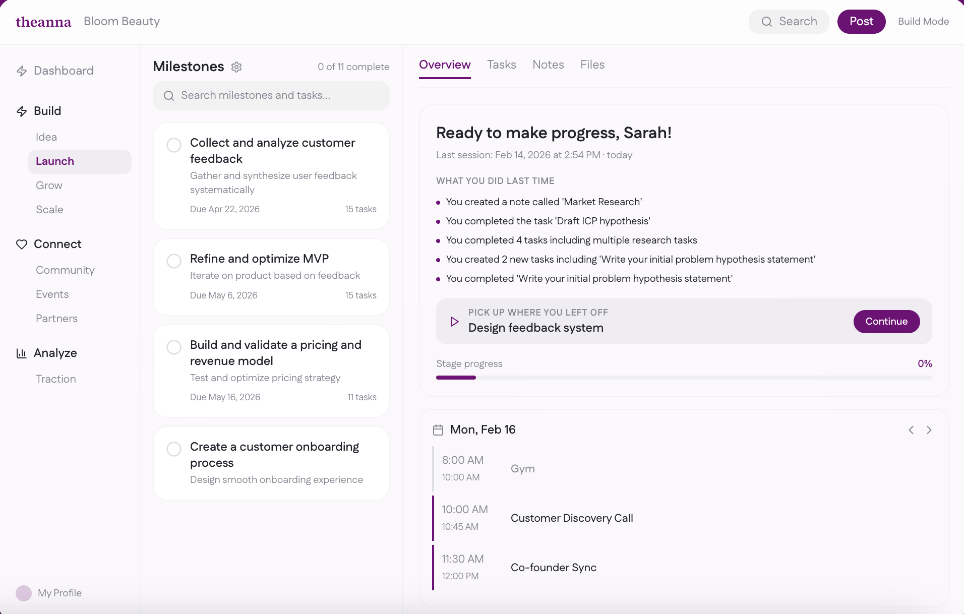 Theanna Build Mode dashboard showing milestones, tasks, and progress tracking